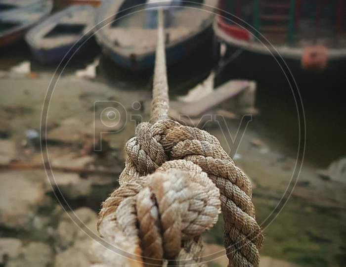 Boat Tied With Rope At The Bank Of Ganges