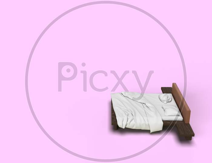 3D Render Top Side Angle View Of White Bed With White Pillow Cover And White Bed Sheet And Blanket For Mockup With A Pastel Pink Background