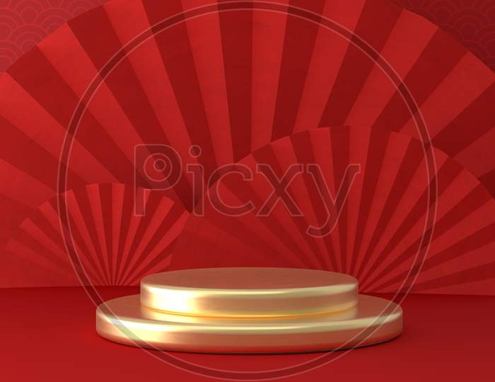 Chinese New Year Style Red One Podium Product Showcase With Gold Circular Shape With China Fold Fan And  Pattern Scene Background. Holiday Traditional Festival Concept. 3D Illustration Rendering