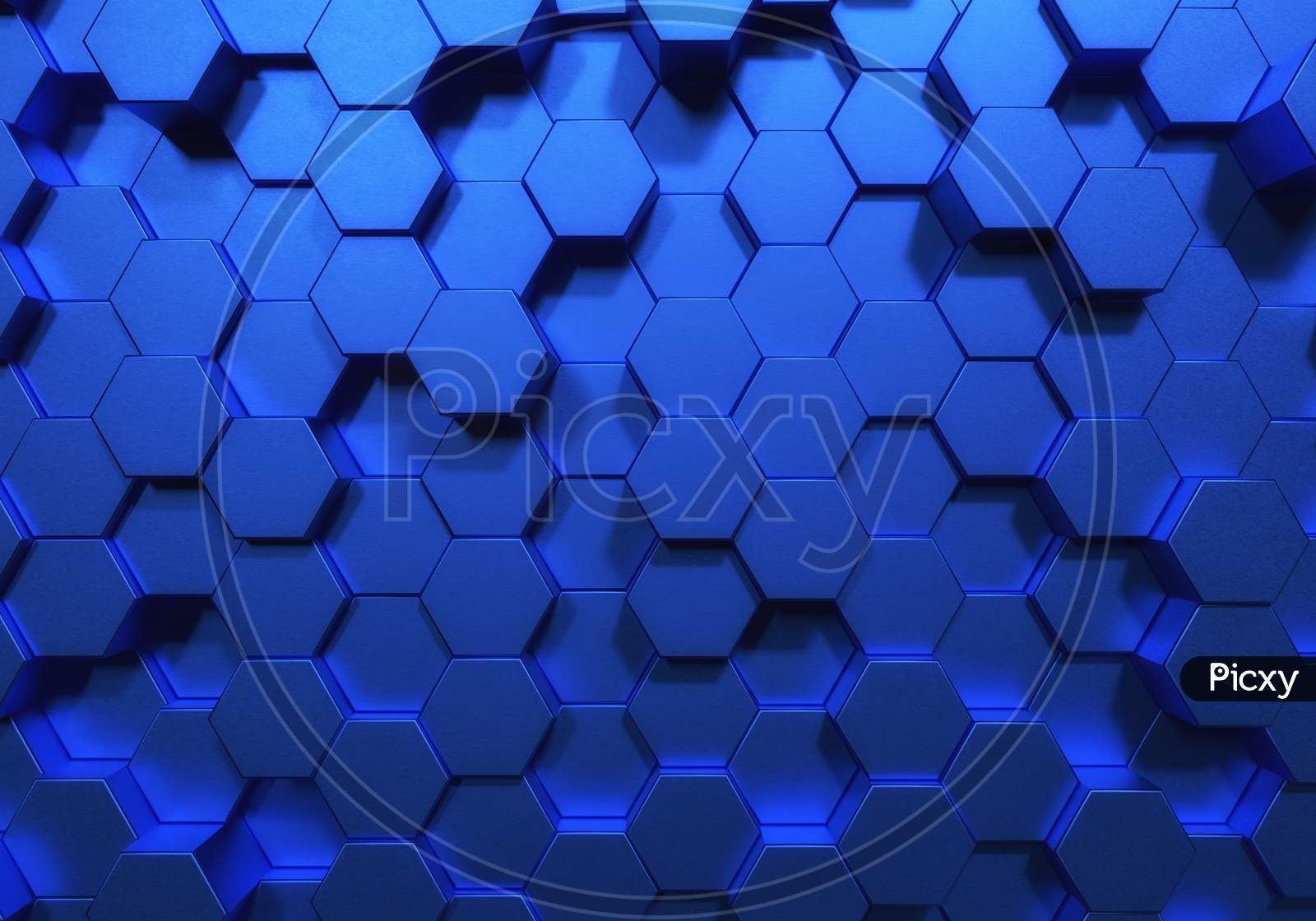 Blue Hexagon Honeycomb Shapes Matte Surface Moving Up Down Randomly. Abstract Modern Style Design Background Concept. 3D Illustration Rendering Graphic Design