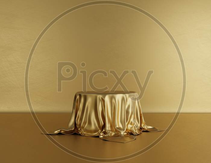 Golden Product Stage Podium With Luxury Fabric On Gold Background. Minimal Fashion. Geometry Concept. Exhibition And Business Marketing Presentation Stage. 3D Illustration Rendering Graphic Design