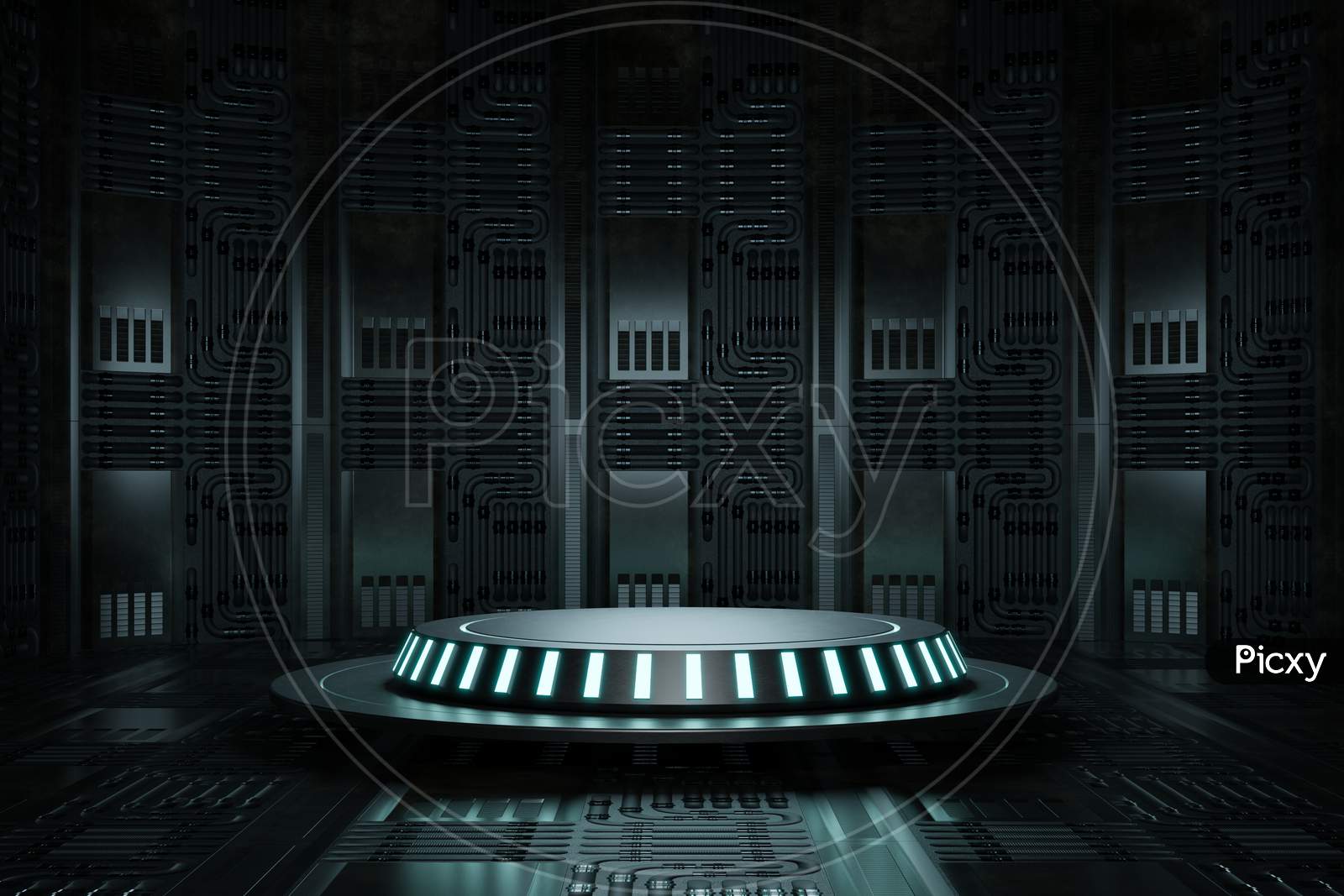 High-Tech Product Podium Platform Studio In Spaceship With Electric Wire Lamp And Engine Background. Hi-Tech Retro Stage And Future Science And Technology Theme. 3D Illustration Rendering Graphic