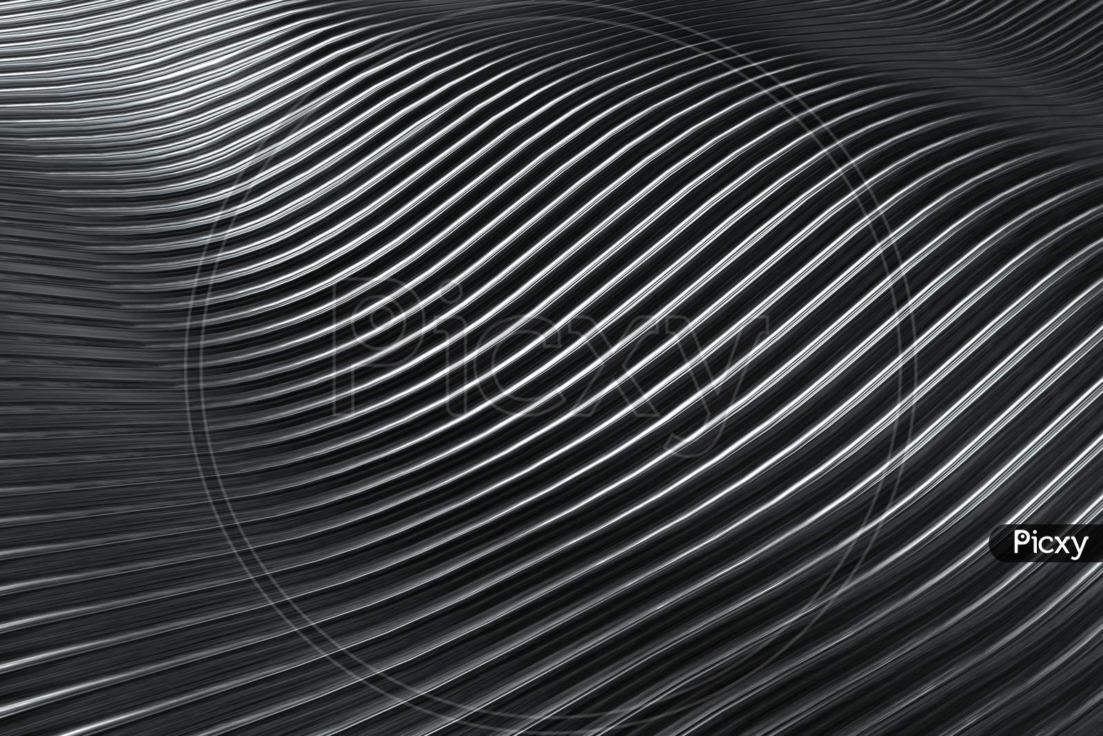 3D Rendering Closeup Abstract Black Silver And White Stripe Slicing Wavy Background. Minimalism Illustration Concept. Graphic Design Wallpaper And Backdrop