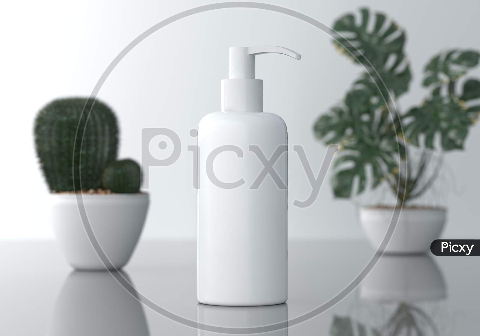 White Hand Press Pump Bottle With Cactus And Monstera Plant In Pots On Reflection Table. Cosmetic Product And Medical Beauty Concept. Blank Copy Space For Logo And Text. 3D Illustration Rendering