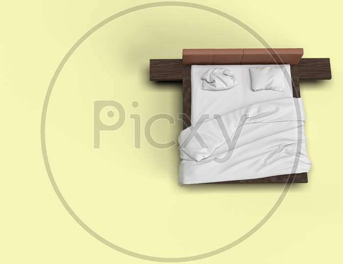 3D Render Top Side Angle View Of White Bed With White Pillow Cover And White Bed Sheet And Blanket For Mockup With A Pastel Yellow Background