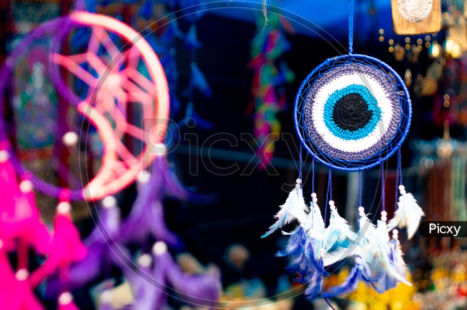 Colorful Dreamcatchers Made Of Feathers And Wispy String Placed In An Open Roadside Shop A Perfect Item For Good Dreams And Happiness