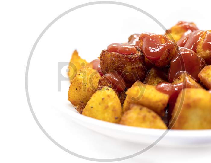 Spicy Roasted Idli - South Indian Snacks Are Made Using Leftover Idli Served With Tomato Ketchup. Selective Focus
