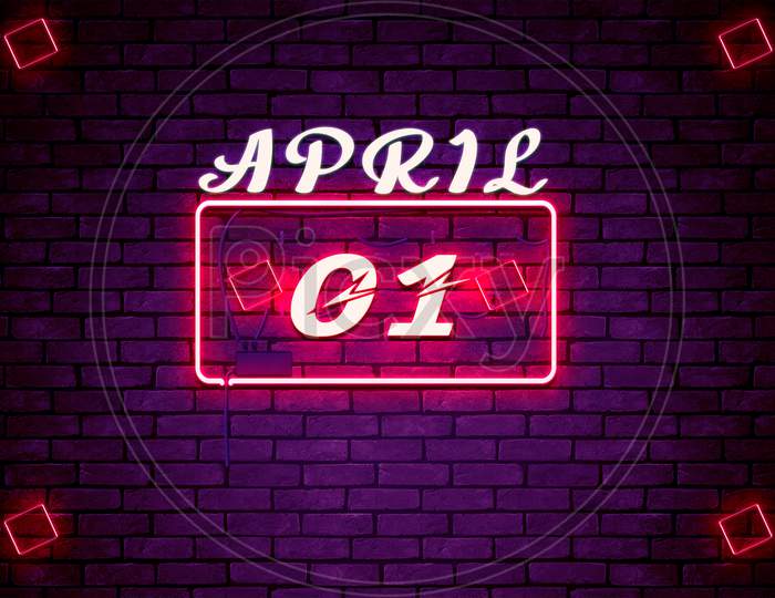 01 April , Monthly Calendar On Bricks Background