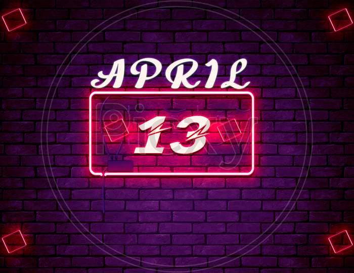13 April , Monthly Calendar On Bricks Background