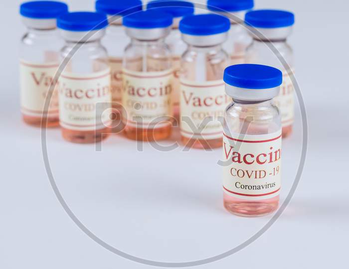 Vial With Vaccine Against Covid-19 Coronavirus Vaccine Bottle