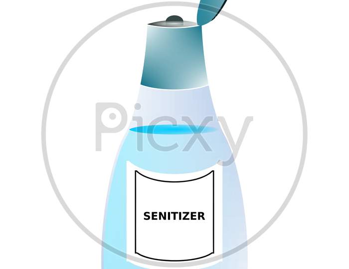 Illustration Of A Blue Color Sanitizer Bottle Filled With Liquid. Isolated Sanitizer Bottle Clip Art On White Background.