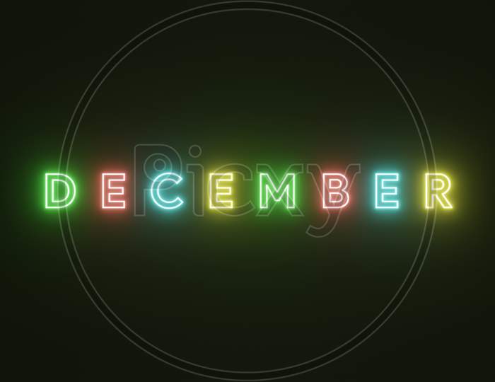 December Text Neon Light Colorful On Black Background . 3d illustration rendering . Neon Symbol For December