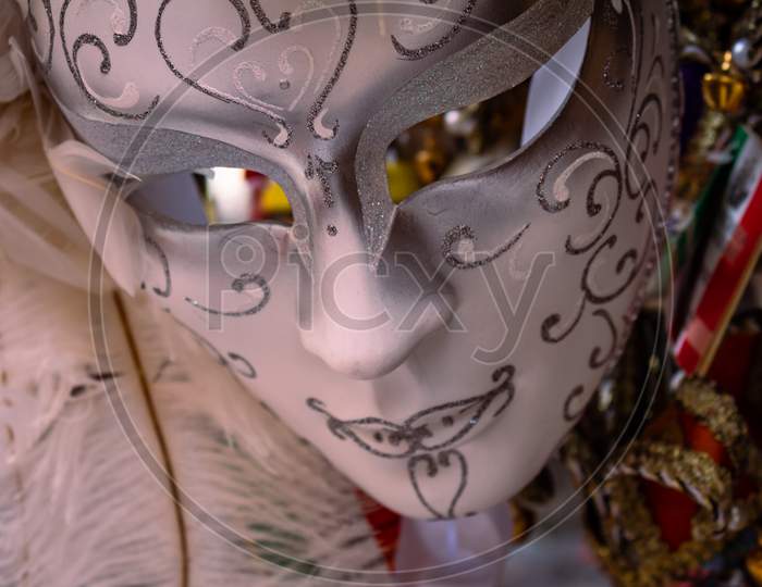 Ancient Carnival Mask. Carnival Celebration In Venice