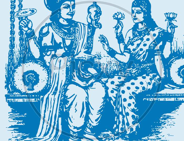 Sketch Of Lord Vishnu And Goddess Lakshmi Sitting Together Editable Outline Illustration