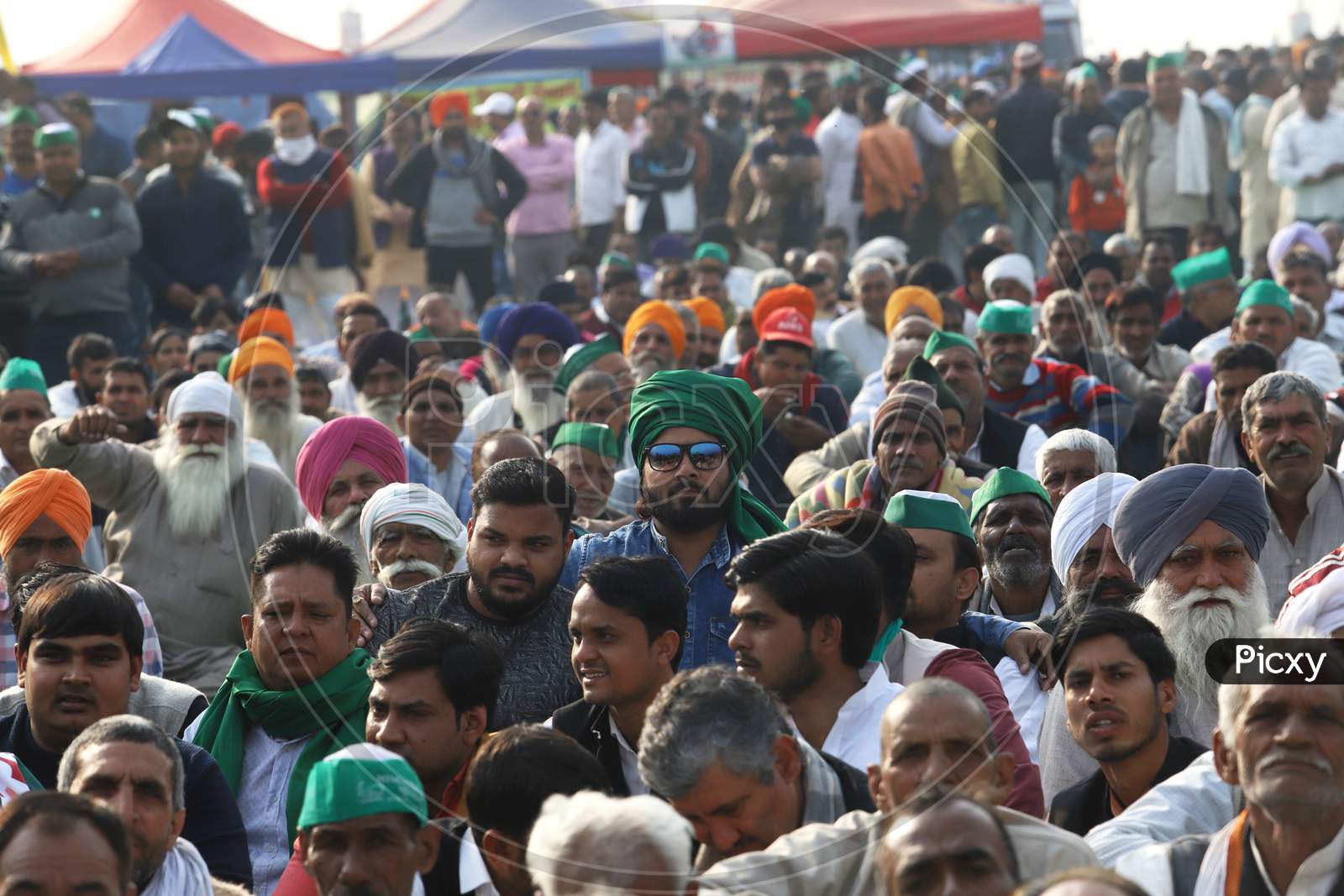 Farmers take part in a protest against the central government's recent agricultural reforms at Delhi-Uttar Pradesh state border in Ghaziabad on February 2, 2021