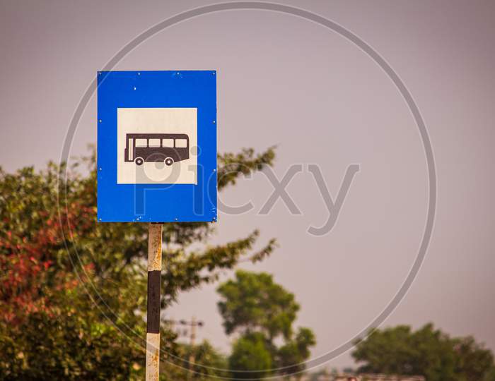 Informatory Sign Denoting Bus Top Ahead For Passengers To Board Along The Roadside
