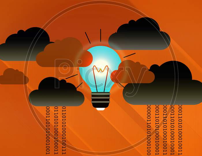 Dark Clouds - Virtual Clouds And Bright Light Bulb - Cloud Computing Concept