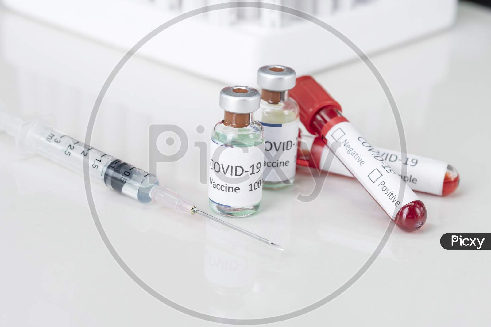 Nobel Coronavirus Covid-19 Vaccine Vial A Illustrative Picture, Doctor In The Laboratory With A Biological Tube For Analysis And Sampling Of Covid-19 Infectious Disea.