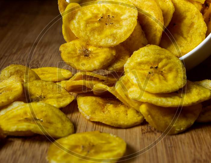 Crispy Banana Chips In A Bowl. Common Indian Savory Item