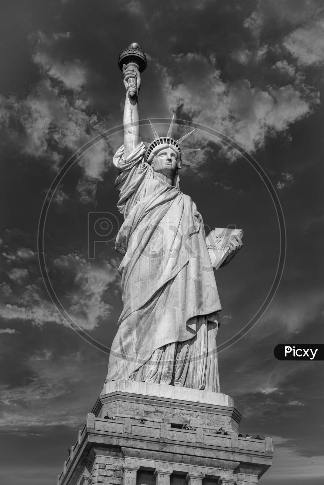 The Statue of Liberty in New York City USA daylight close up low angle view in black and white