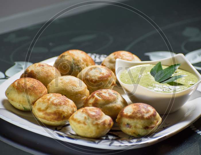 Indian Home Made Recipe 'Appe' with Green Chatni. Specialty Of South Indian Food