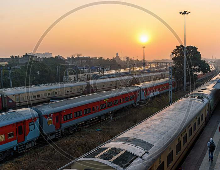 A View Of Express Trains At A Junction Railway Station Of Indian Railways System, Kolkata, India On February 2021