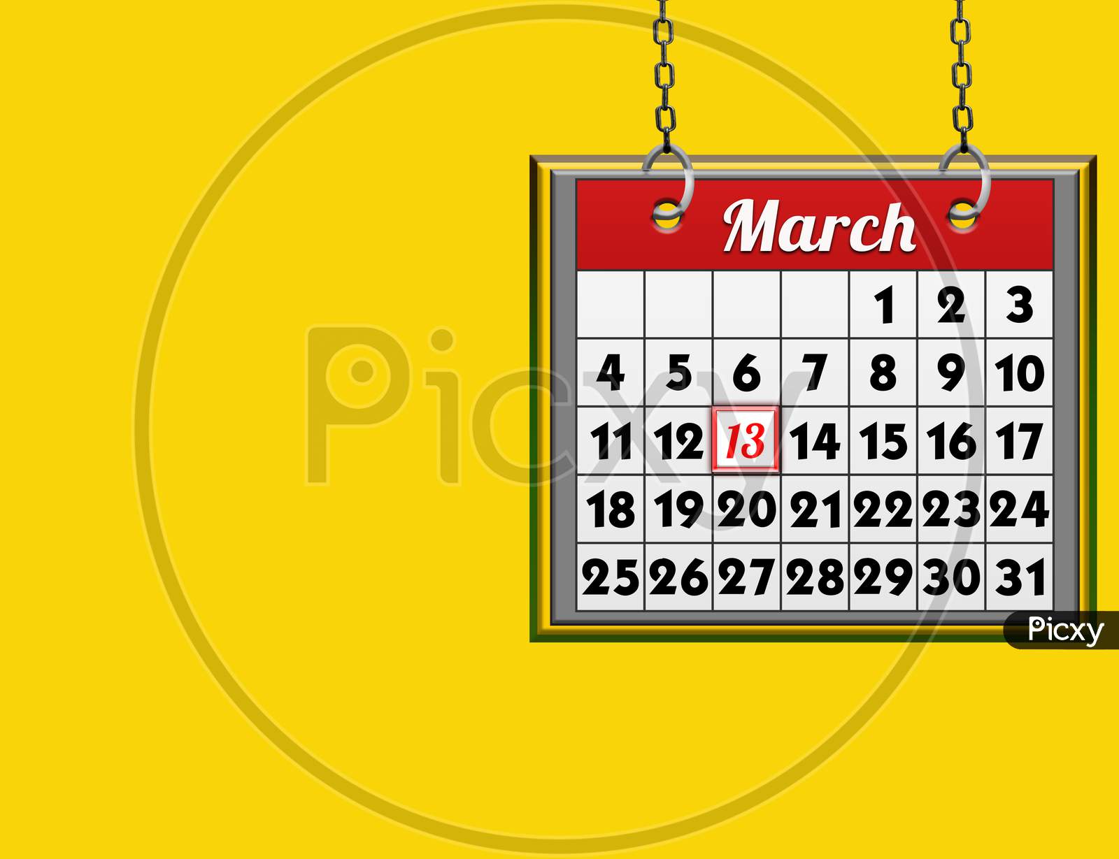 March 13 Calendar, On Yellow Background