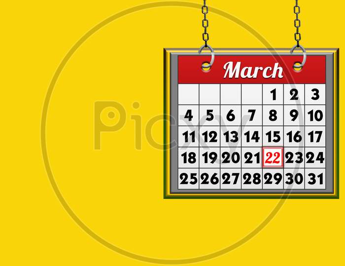 March 22 Calendar, On Yellow Background
