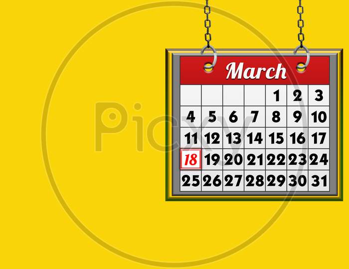 March 18 Calendar, On Yellow Background
