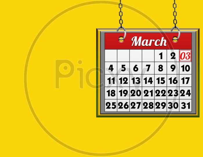 March 03 Calendar, On Yellow Background