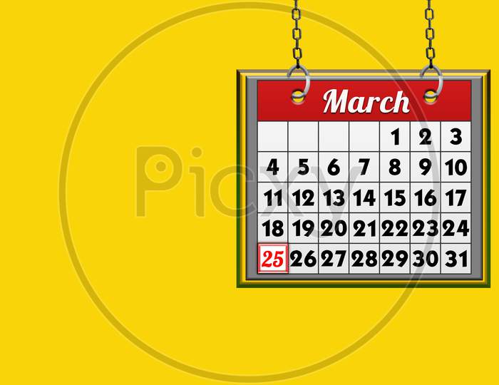 March 25 Calendar, On Yellow Background