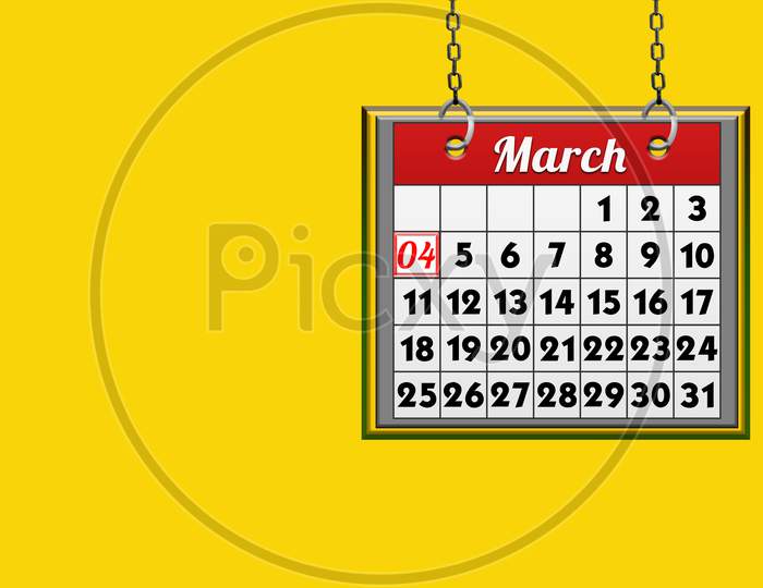 March 04 Calendar, On Yellow Background