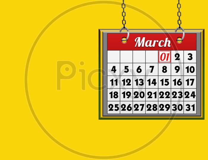 March 01 Calendar, On Yellow Background