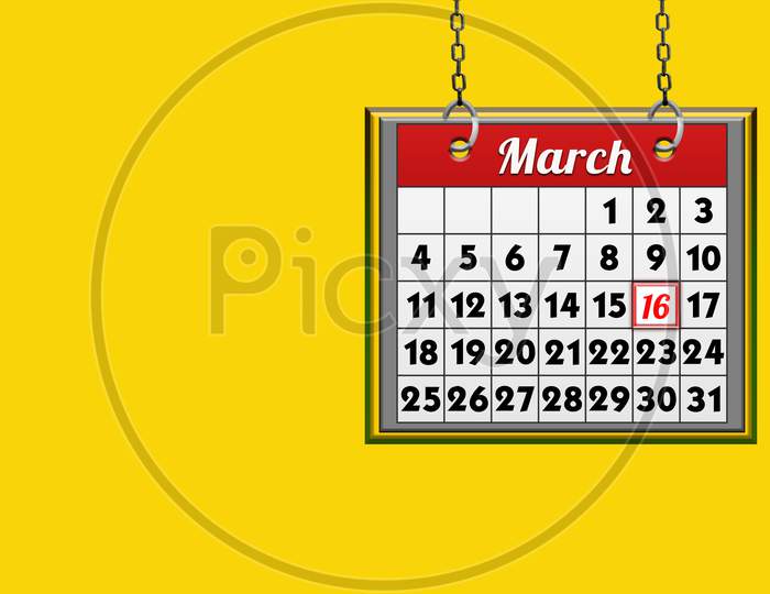 March 16 Calendar, On Yellow Background