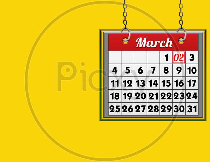 March 02 Calendar, On Yellow Background