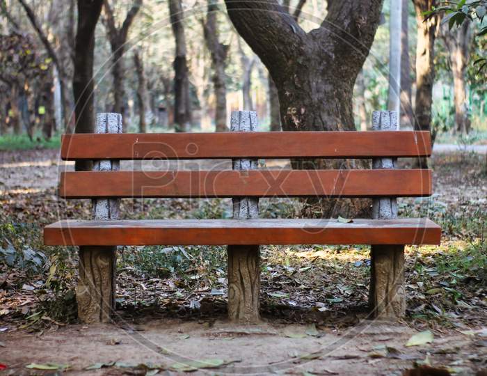 Old Wooden Empty Bench In Park, Front View. Natural Background.