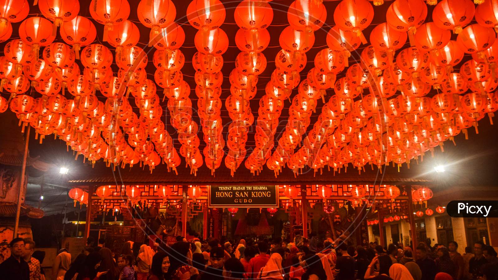 Rows of LAMPION at the Gudo Jombang temple during a celebration event in September 2019