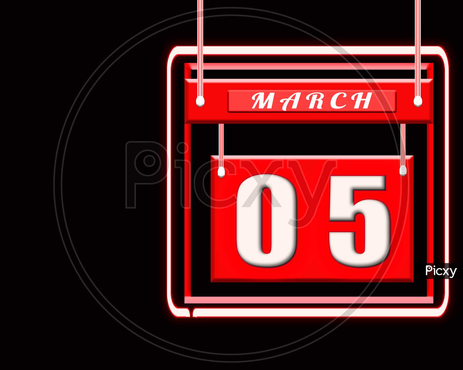 5 March, Red Calendar On Black Backgrand