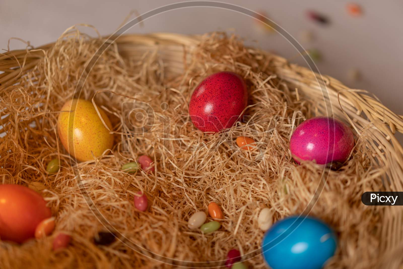 Easter Eggs In Hay Basket.