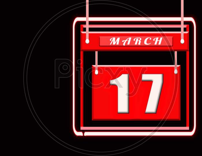 17 March, Red Calendar On Black Backgrand