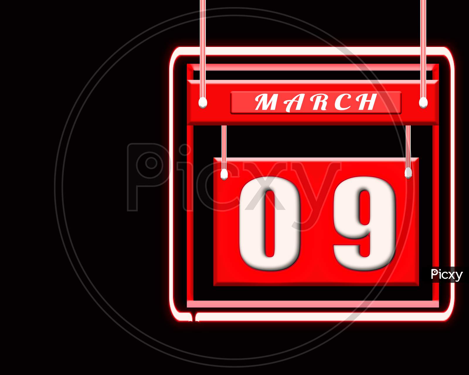 9 March, Red Calendar On Black Backgrand