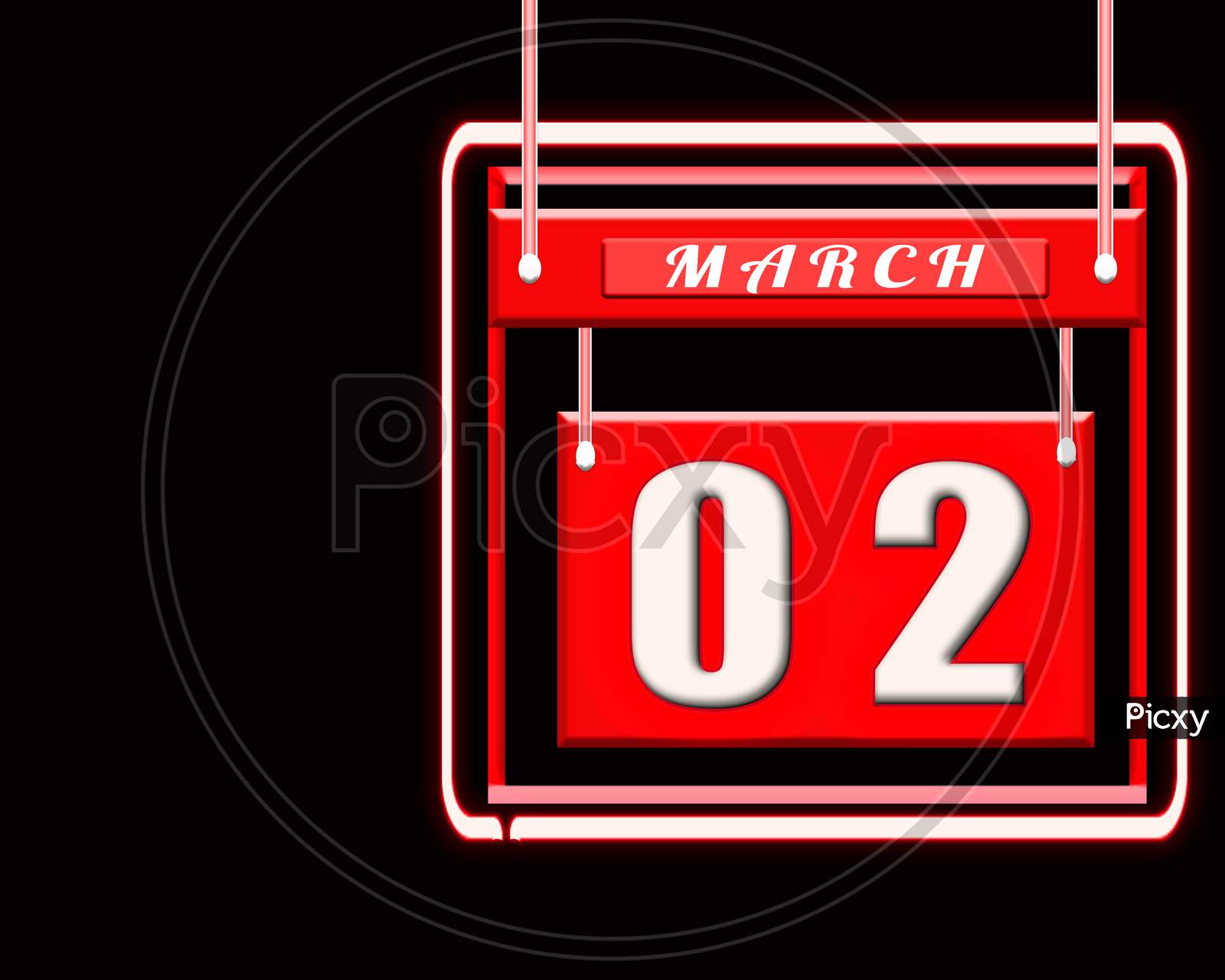 2 March, Red Calendar On Black Backgrand
