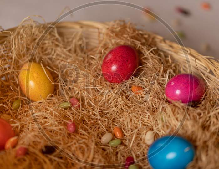 Easter Eggs In Hay Basket.