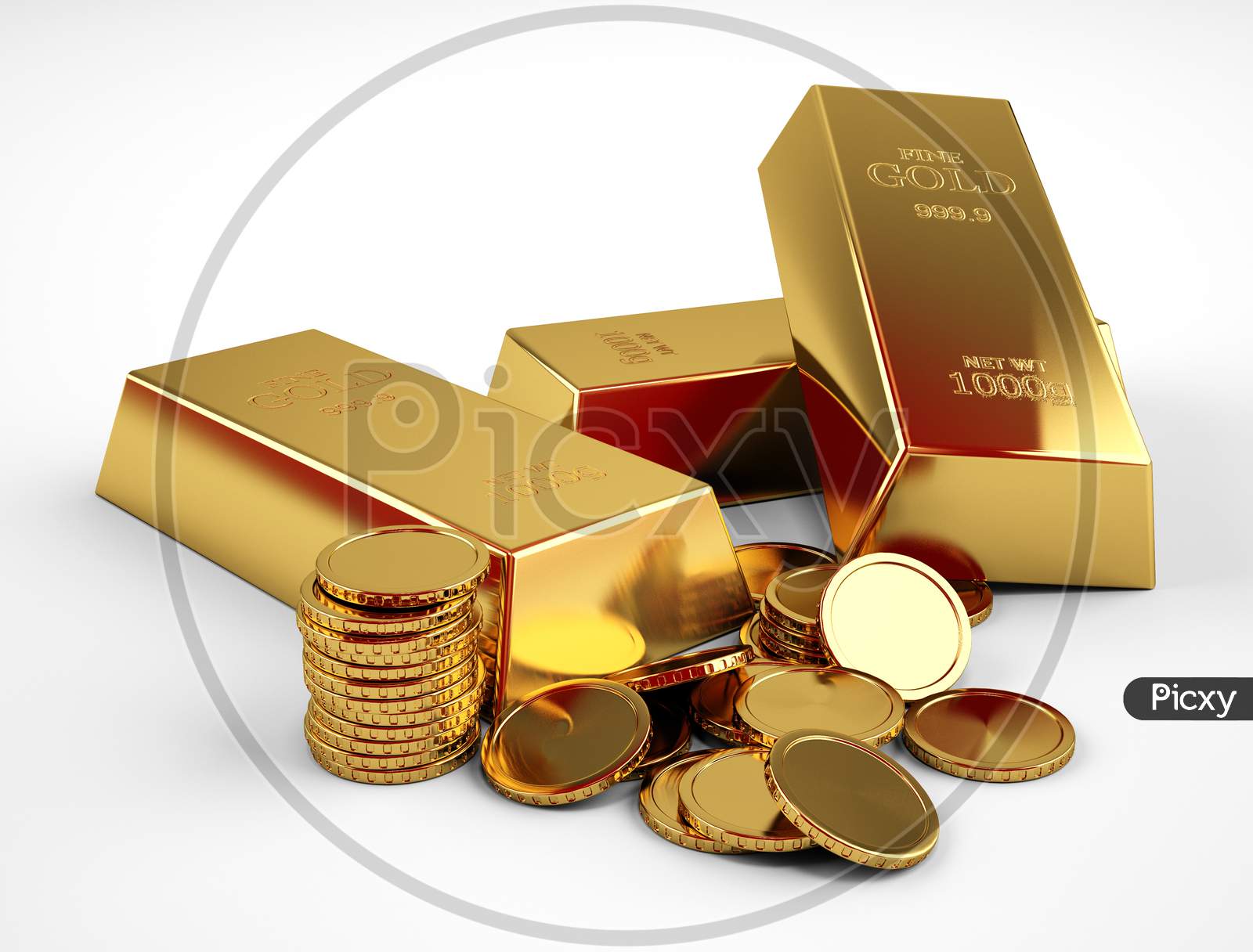 Gold bar and Gold coins isolated on white background