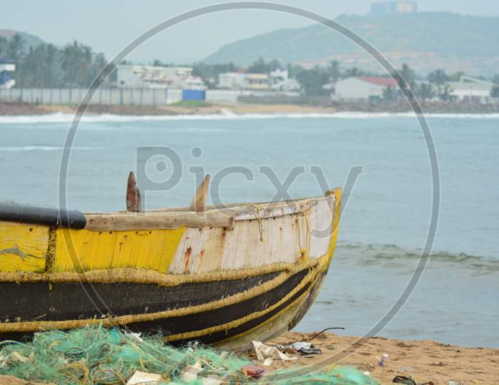 Fishing boats or Trawler are standing on the rushi konda beach