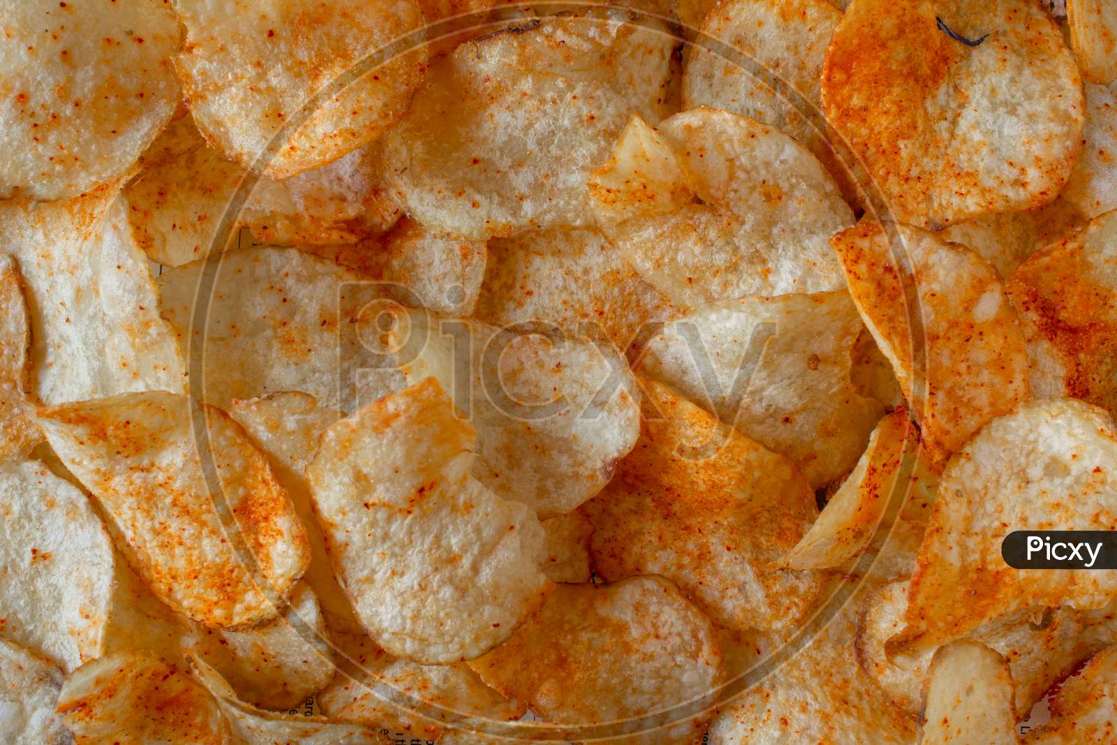 View Of Crispy And Spicy Potato Chips. Common Indian Savory Item