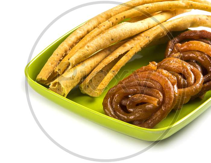 Indian Cuisine Fafda And Jalebi, Special And Famous Dish Of Gujarat.