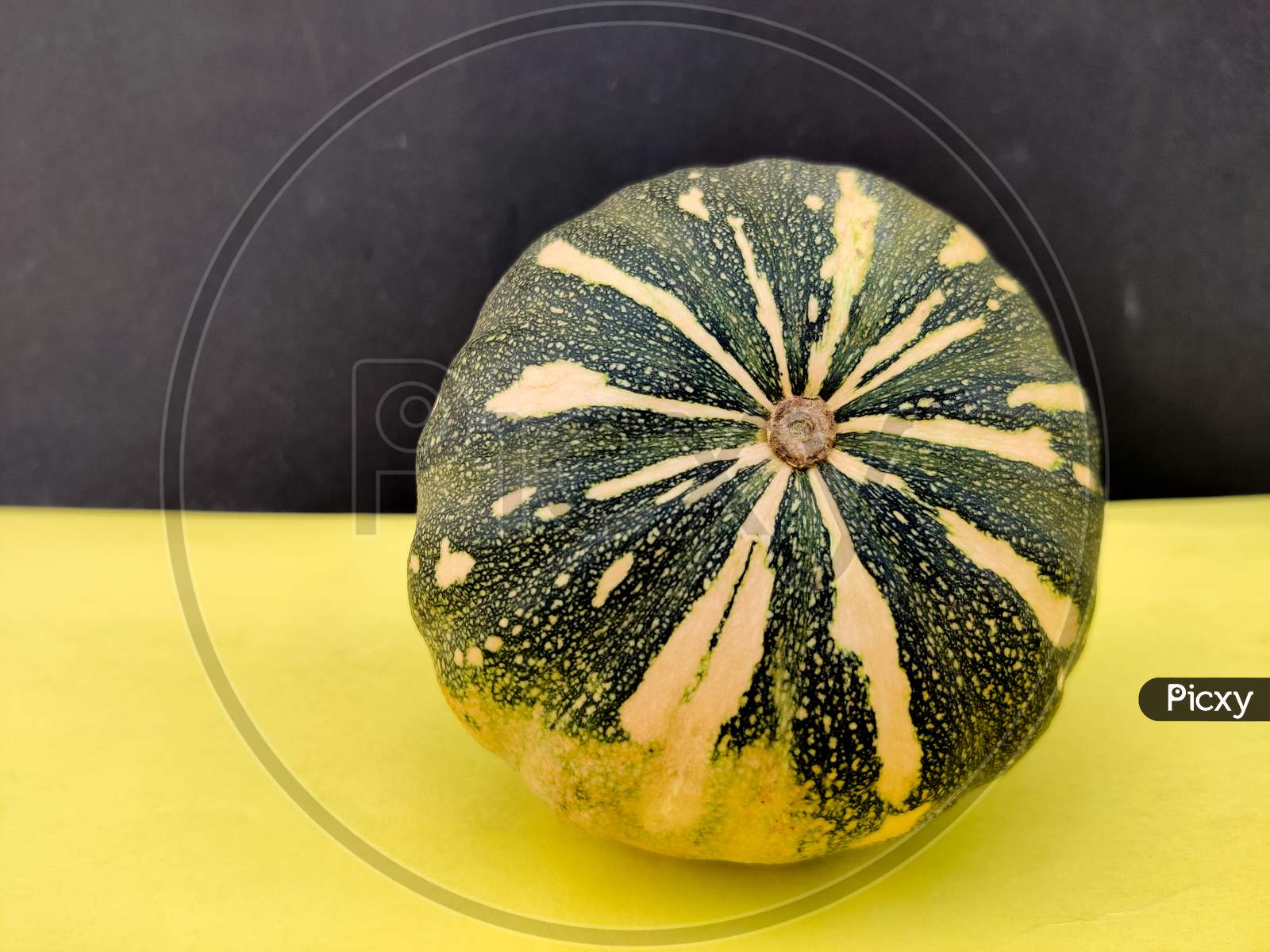 Bottom View Of Green Pumpkin Isolated On Yellow And Black Background