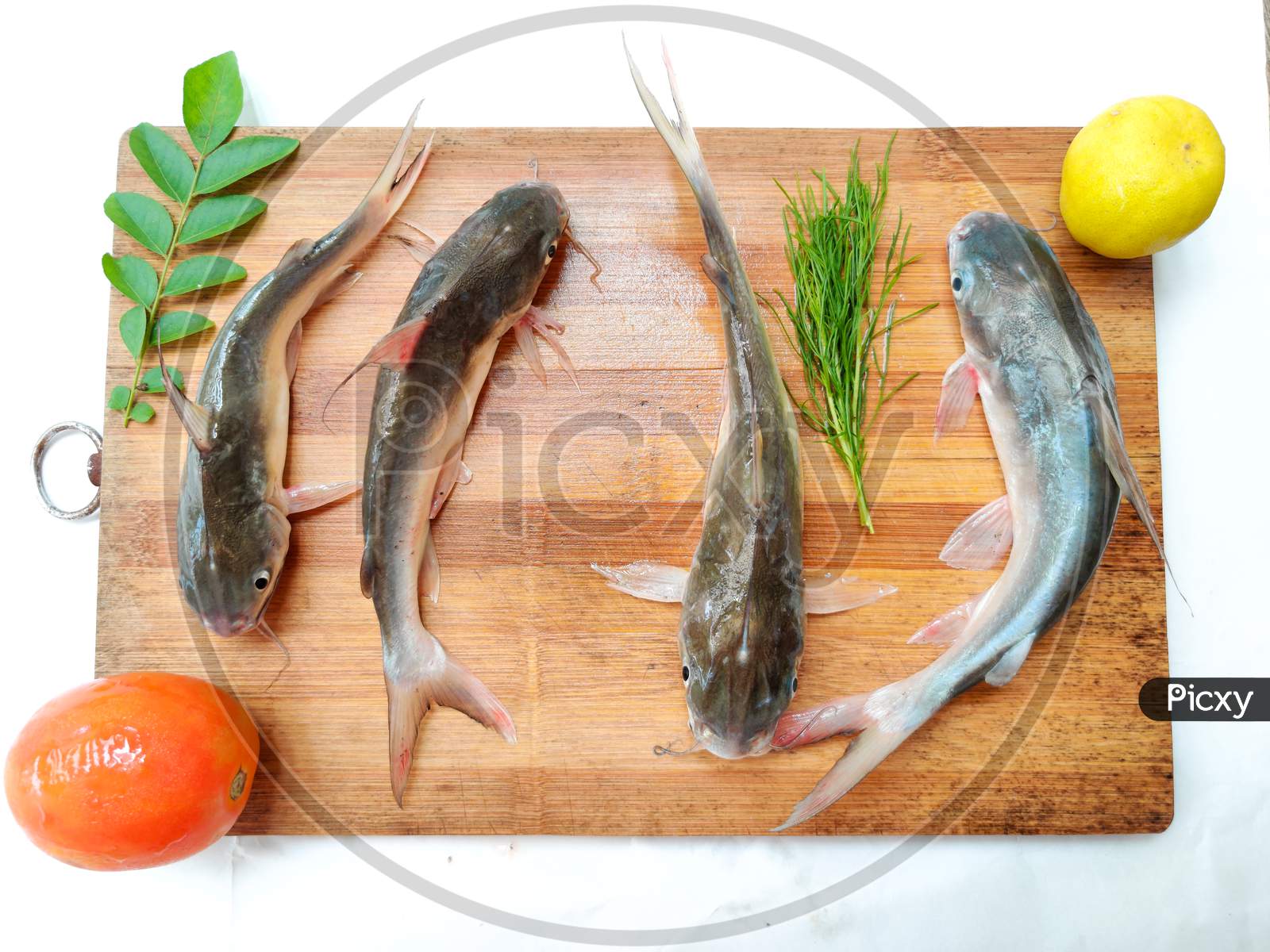 Gafftopsail Cat Fish Fish Decorated With Herbs And Vegetables .Selective Focus.