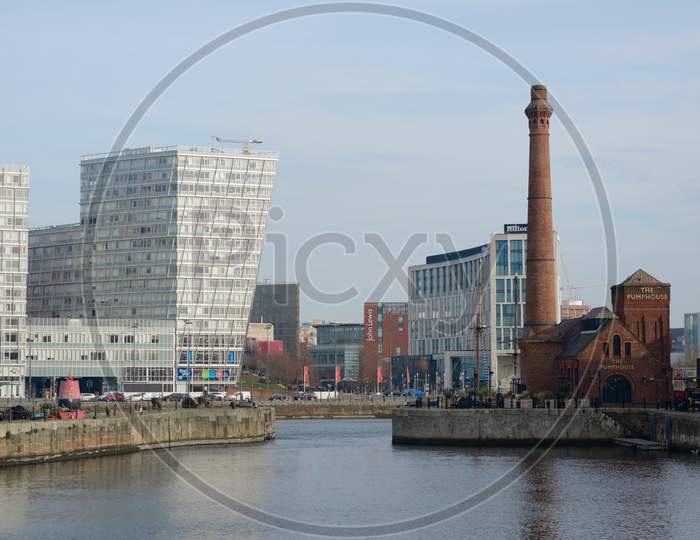 Looking East At The Liverpool Waterfront Showing The Pump House.
